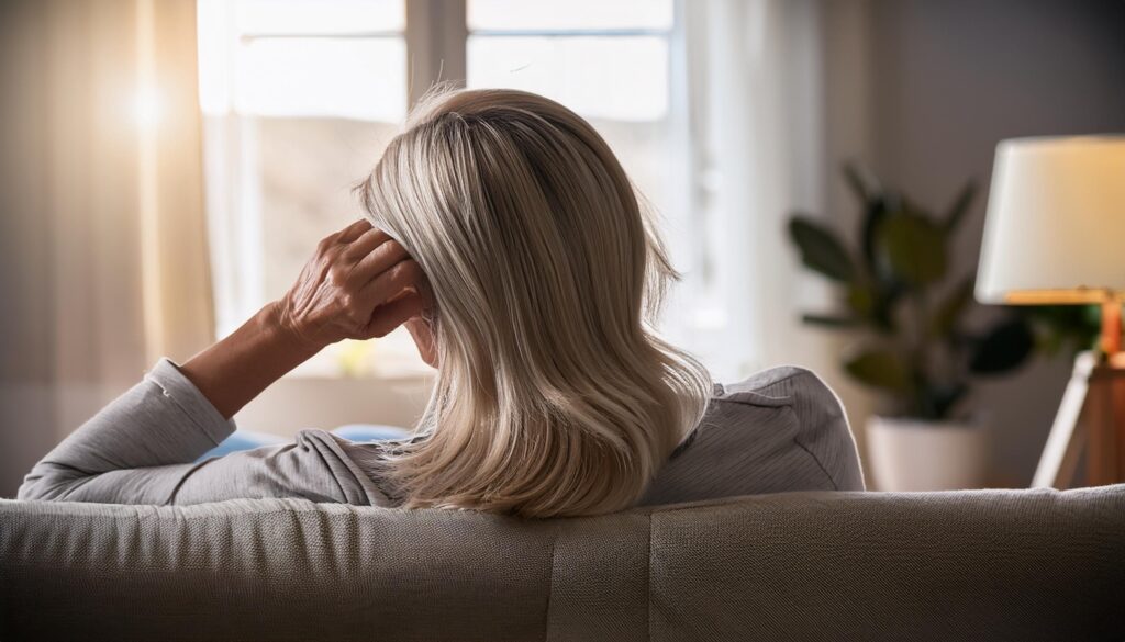 Une femme est vue de dos, elle se tient la tête