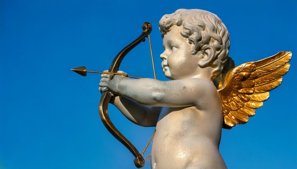 Une statue d'un petit cupidon sur un fond bleu